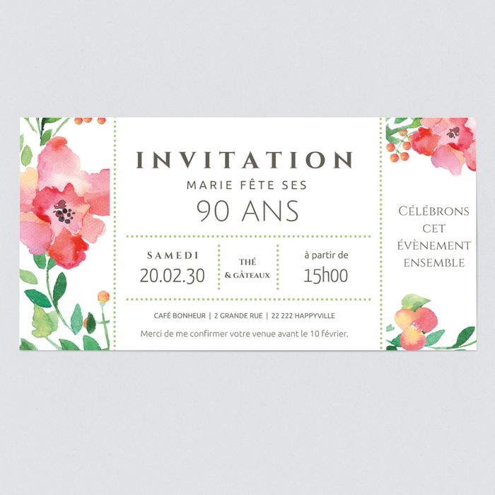 Carte d'invitation anniversaire 90 ans